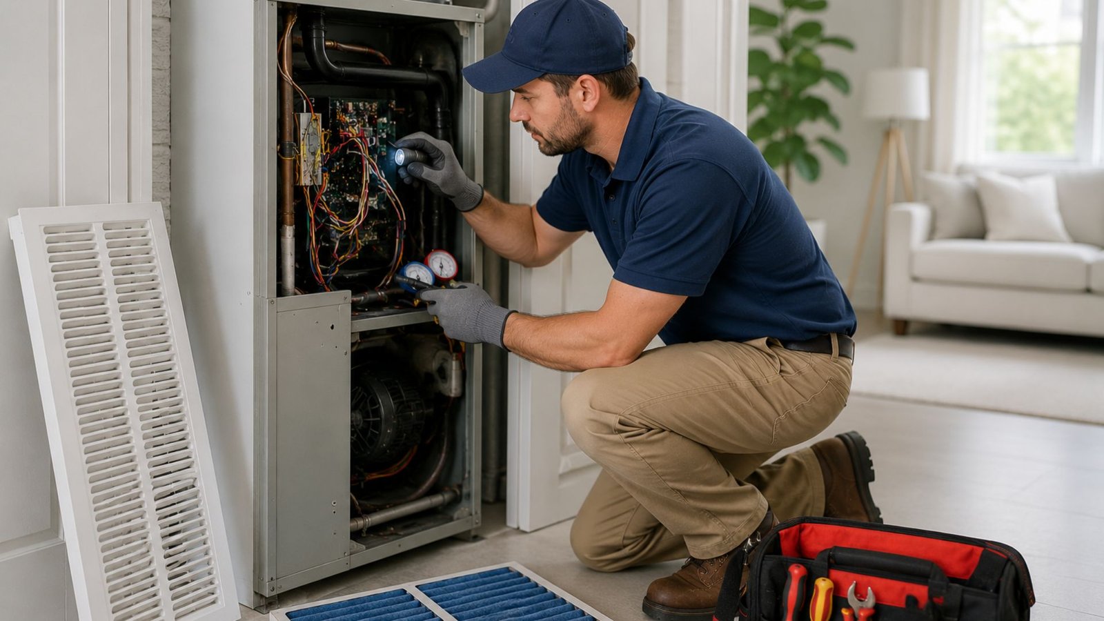 HVAC technician kneeling by an open furnace, inspecting wiring with a flashlight, tool box open nearby in a living room.